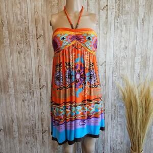 Classic Tricot Orange Floral Halter Dress Size S